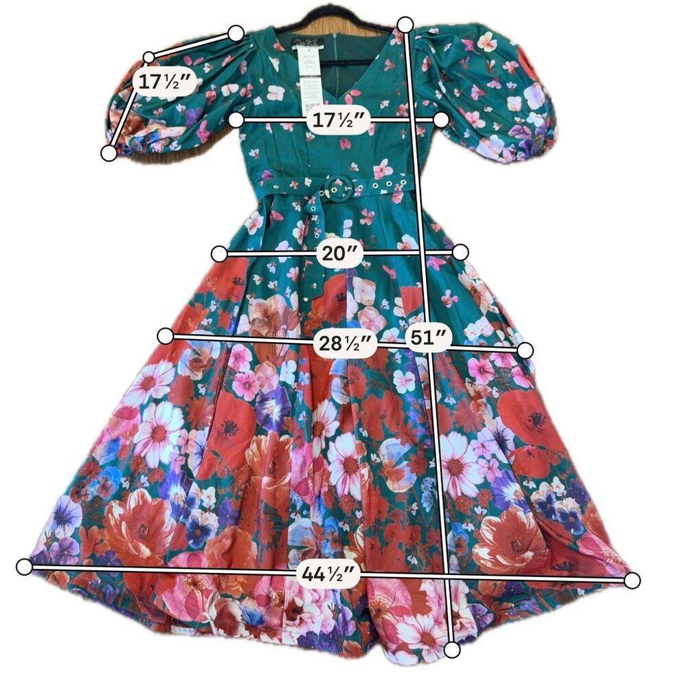 Dahlia Macphee NWT cascading floral green puff sleeve dress M - Picture 11 of 11